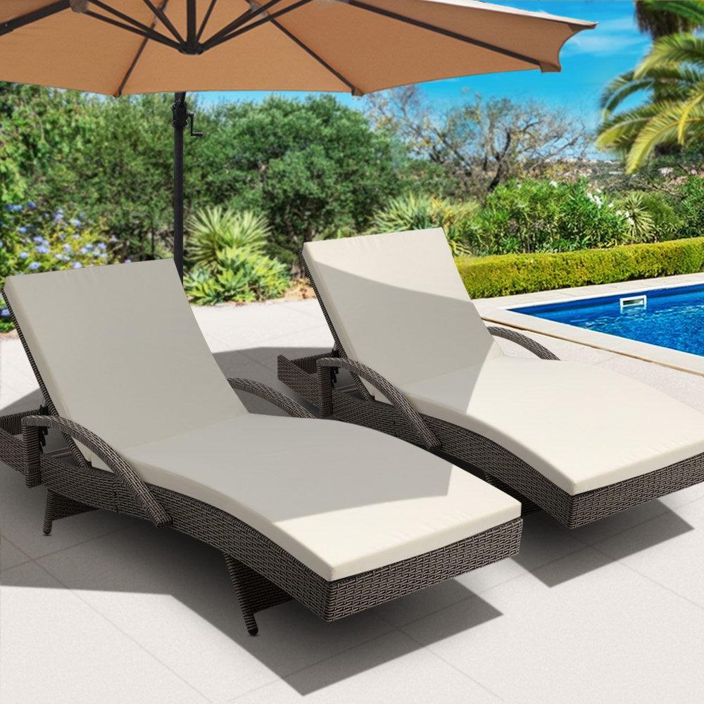 Gardeon 2PC Sun Lounge Wicker Lounger Outdoor Furniture Beach Chair Adjustable Cushion Grey&Beige - Ozstylz