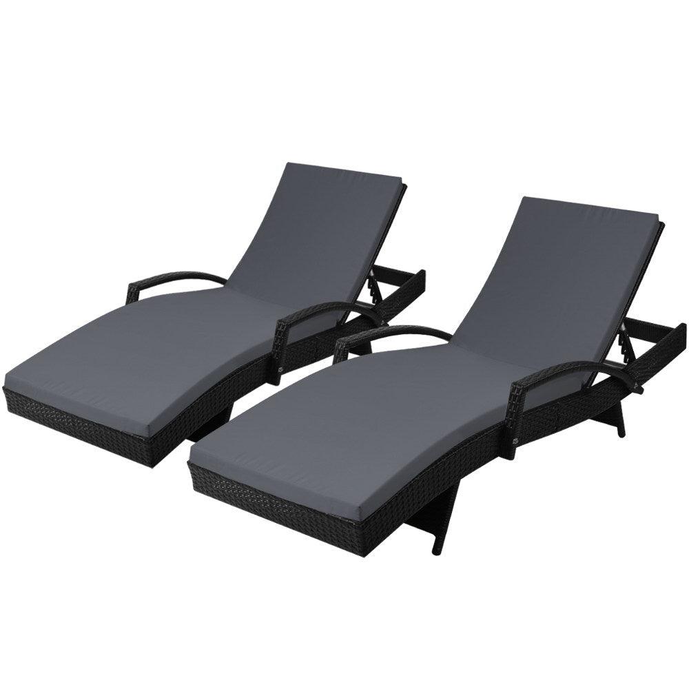 Gardeon 2PC Sun Lounge Wicker Lounger Outdoor Furniture Beach Chair Patio Adjustable Cushion Black - Ozstylz