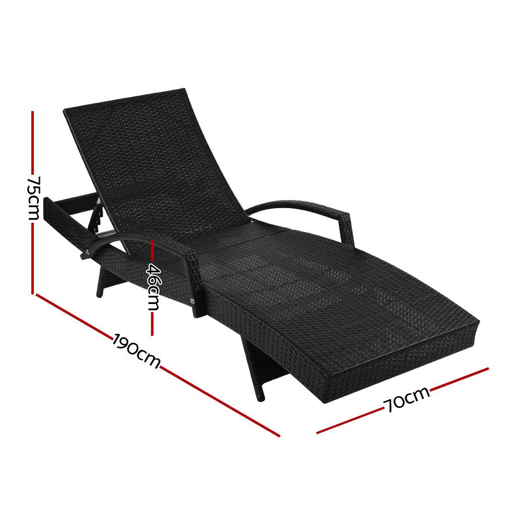 Gardeon 2PC Sun Lounge Wicker Lounger Outdoor Furniture Beach Chair Patio Adjustable Cushion Black - Ozstylz