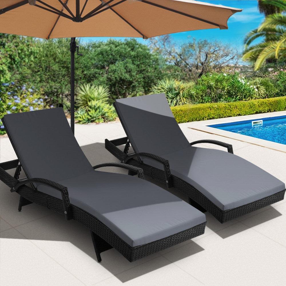 Gardeon 2PC Sun Lounge Wicker Lounger Outdoor Furniture Beach Chair Patio Adjustable Cushion Black - Ozstylz