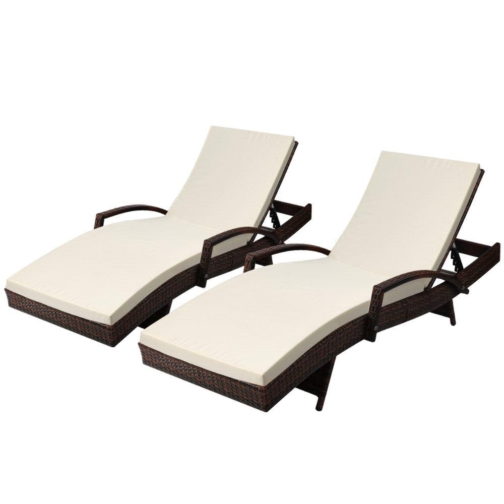 Gardeon 2PC Sun Lounge Wicker Lounger Outdoor Furniture Beach Chair Patio Adjustable Cushion Brown - Ozstylz