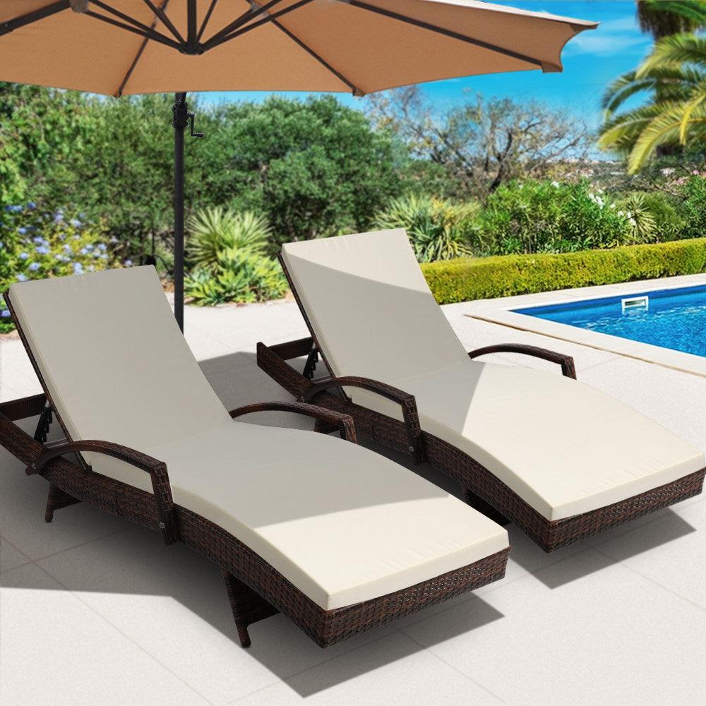 Gardeon 2PC Sun Lounge Wicker Lounger Outdoor Furniture Beach Chair Patio Adjustable Cushion Brown - Ozstylz