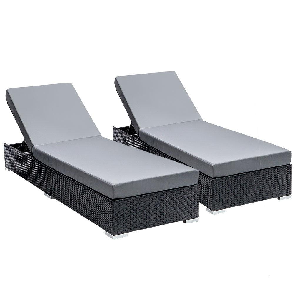 Gardeon 2PC Sun Lounge Wicker Lounger Outdoor Furniture Day Bed Adjustable Rattan Garden - Ozstylz