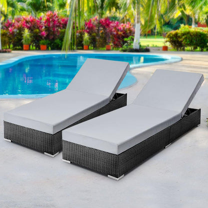 Gardeon 2PC Sun Lounge Wicker Lounger Outdoor Furniture Day Bed Adjustable Rattan Garden - Ozstylz