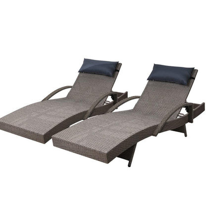 Gardeon 2x Sun Lounge Wicker Lounger Outdoor Furniture Beach Armchair Adjustable Grey&Beige - Ozstylz