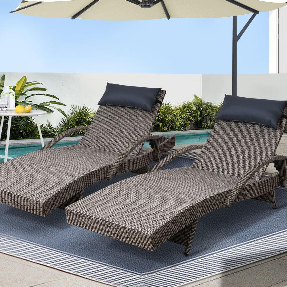 Gardeon 2x Sun Lounge Wicker Lounger Outdoor Furniture Beach Armchair Adjustable Grey&Beige - Ozstylz