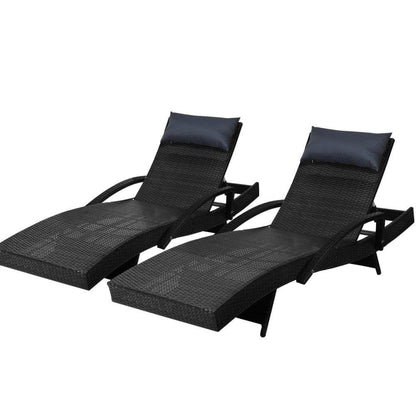 Gardeon 2x Sun Lounge Wicker Lounger Outdoor Furniture Beach Chair Armrest Adjustable Black - Ozstylz