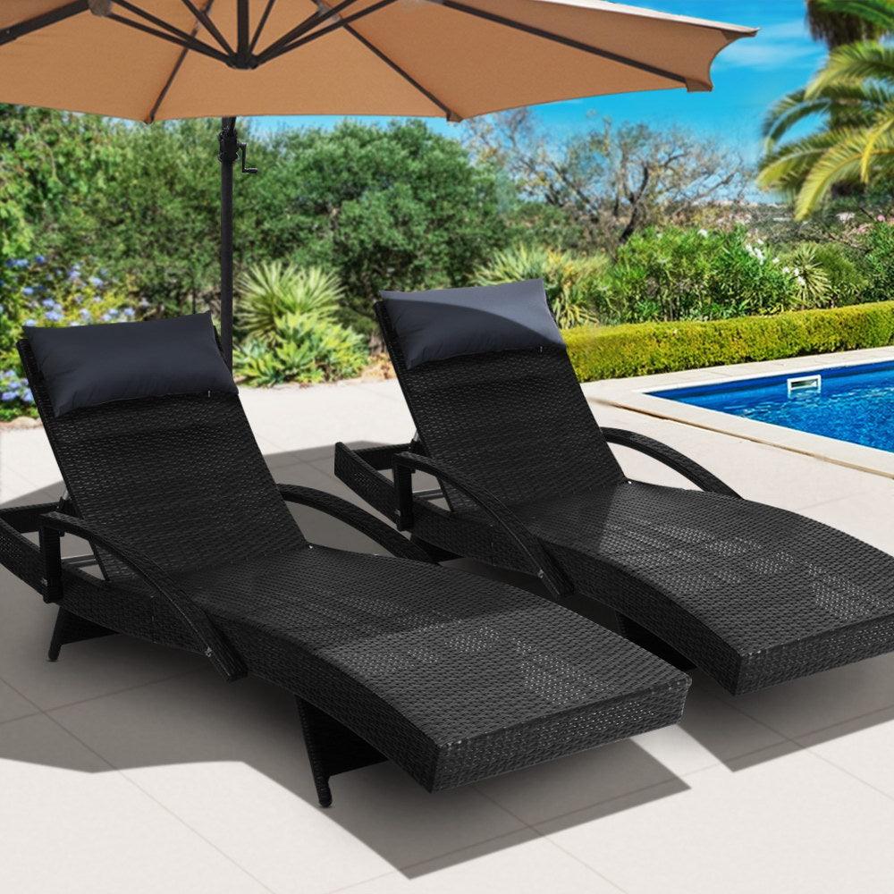 Gardeon 2x Sun Lounge Wicker Lounger Outdoor Furniture Beach Chair Armrest Adjustable Black - Ozstylz