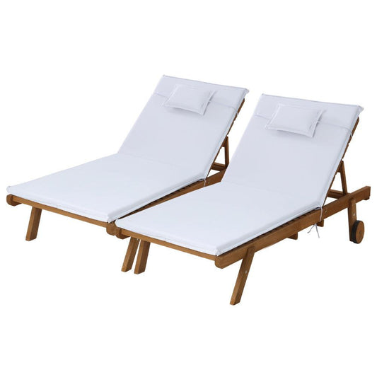 Gardeon 2x Sun Lounge Wooden Lounger Outdoor Furniture Day Bed Wheel Patio White - Ozstylz