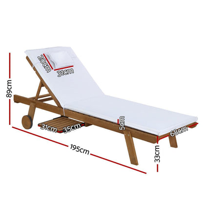 Gardeon 2x Sun Lounge Wooden Lounger Outdoor Furniture Day Bed Wheel Patio White - Ozstylz