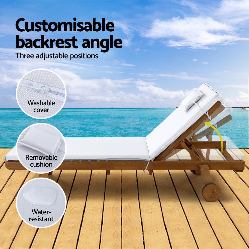 Gardeon 2x Sun Lounge Wooden Lounger Outdoor Furniture Day Bed Wheel Patio White - Ozstylz