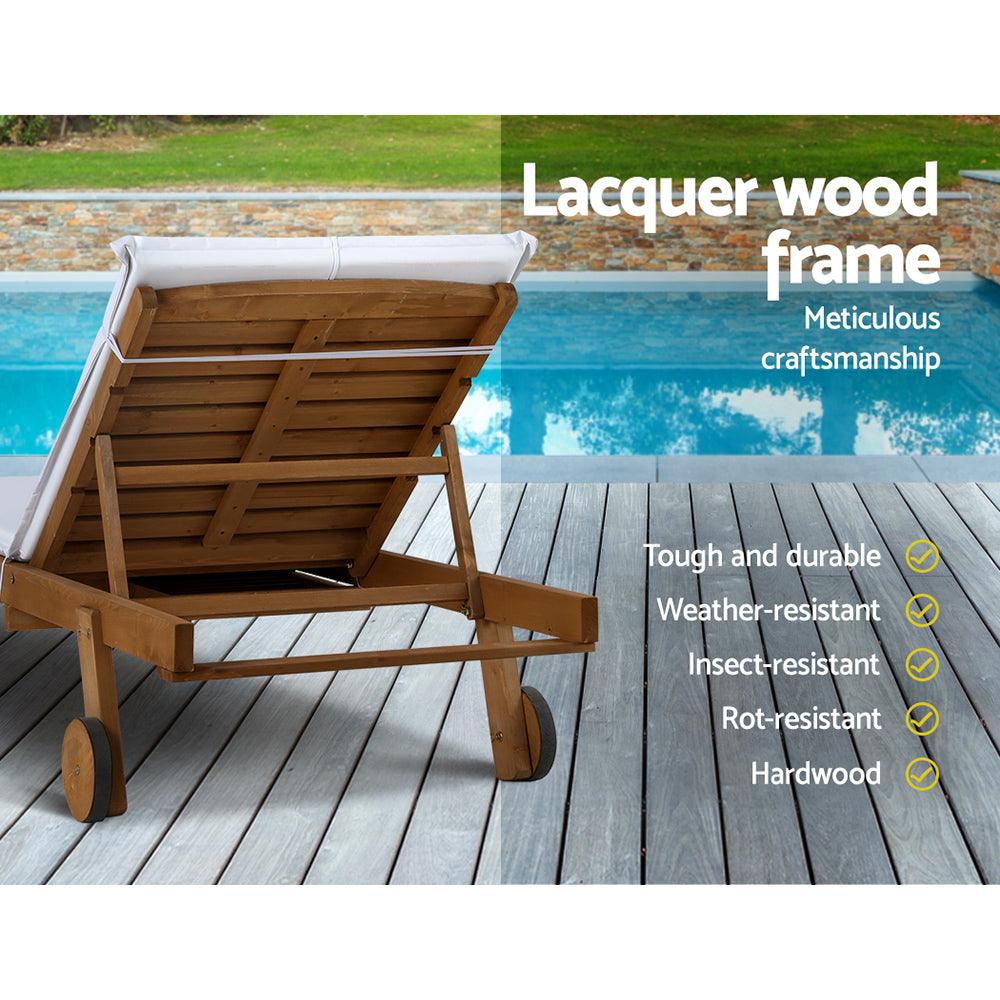 Gardeon 2x Sun Lounge Wooden Lounger Outdoor Furniture Day Bed Wheel Patio White - Ozstylz