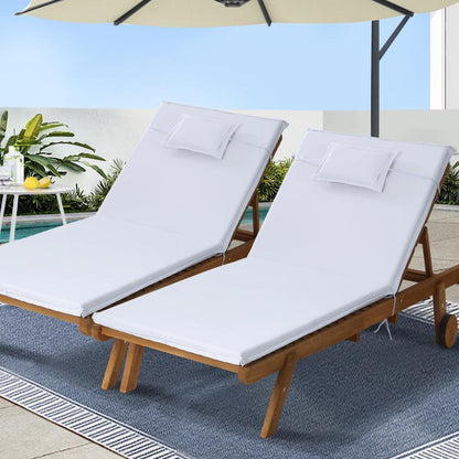 Gardeon 2x Sun Lounge Wooden Lounger Outdoor Furniture Day Bed Wheel Patio White - Ozstylz