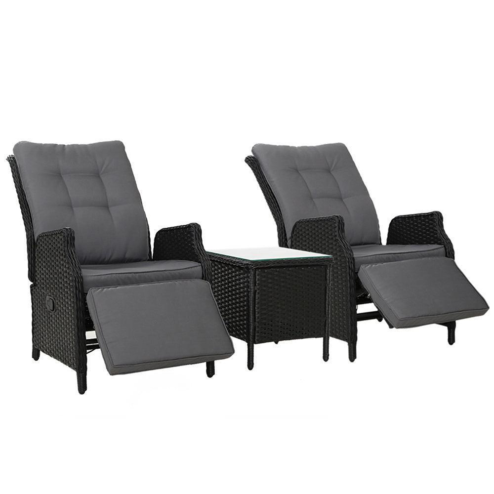 Gardeon 3PC Recliner Chairs Table Sun lounge Outdoor Furniture Wicker Adjustable Black - Ozstylz