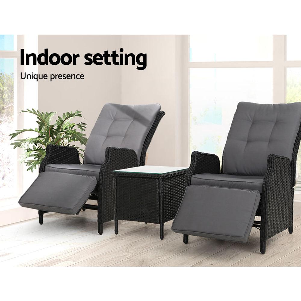 Gardeon 3PC Recliner Chairs Table Sun lounge Outdoor Furniture Wicker Adjustable Black - Ozstylz