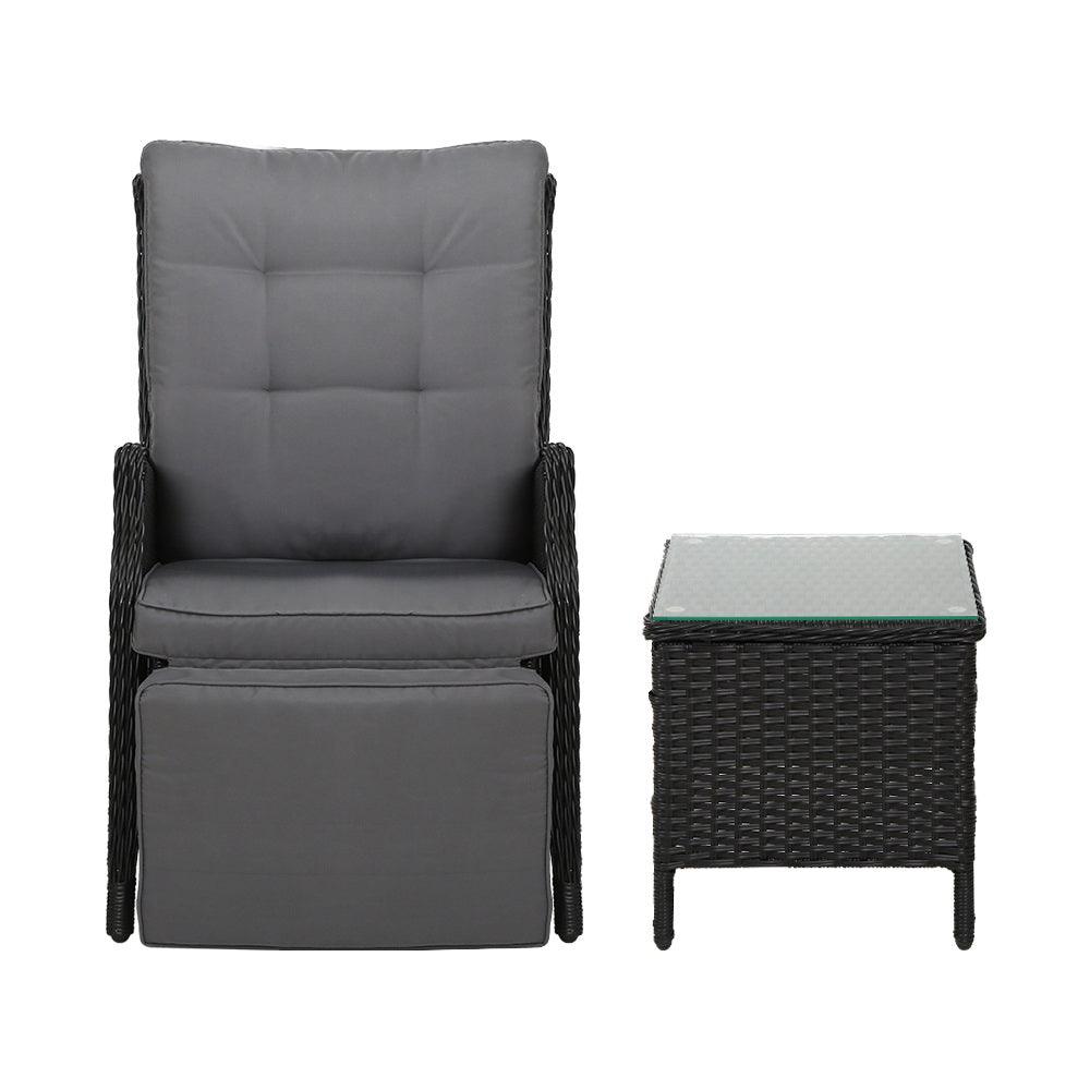 Gardeon 3PC Recliner Chairs Table Sun lounge Outdoor Furniture Wicker Adjustable Black - Ozstylz