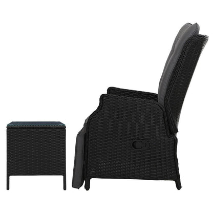 Gardeon 3PC Recliner Chairs Table Sun lounge Outdoor Furniture Wicker Adjustable Black - Ozstylz