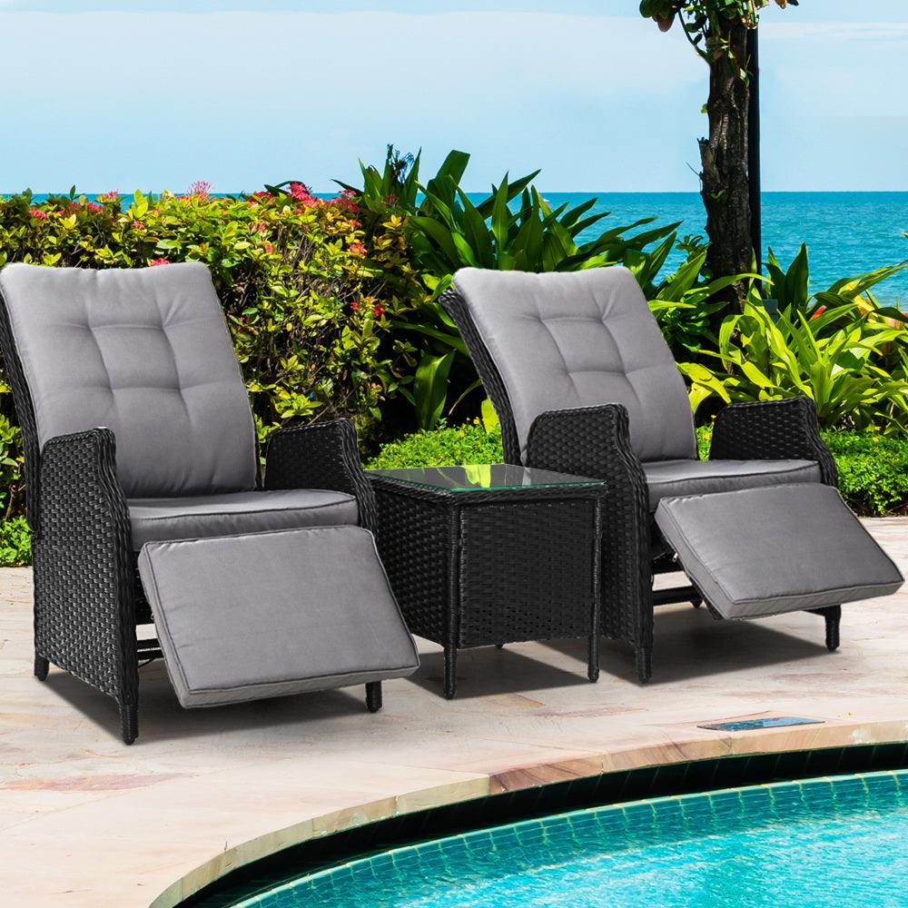 Gardeon 3PC Recliner Chairs Table Sun lounge Outdoor Furniture Wicker Adjustable Black - Ozstylz