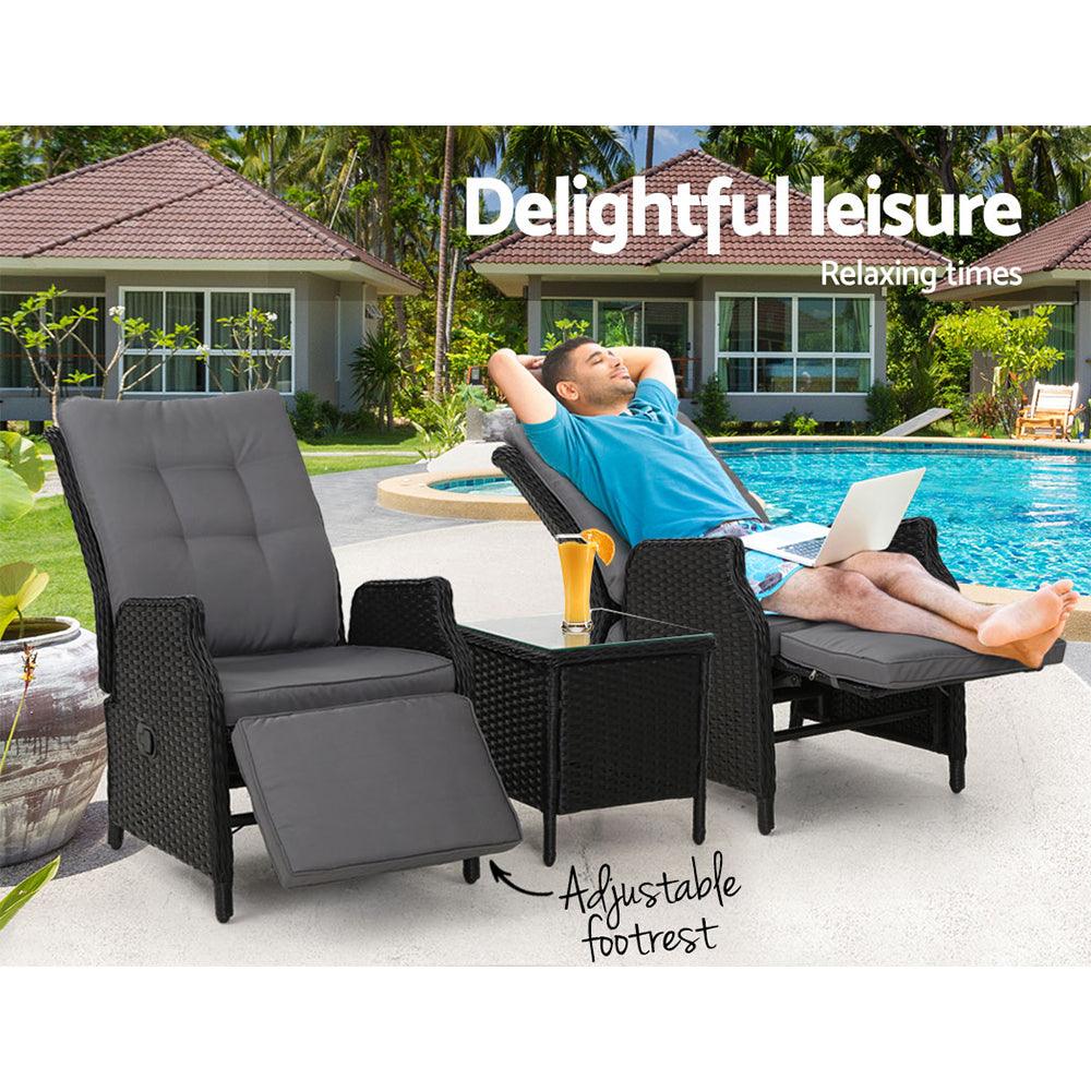 Gardeon 3PC Recliner Chairs Table Sun lounge Outdoor Furniture Wicker Adjustable Black - Ozstylz