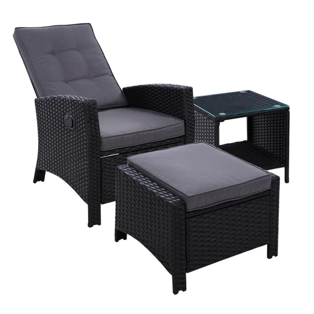 Gardeon 3PC Recliner Chairs Table Sun lounge Wicker Outdoor Furniture Adjustable Black - Ozstylz