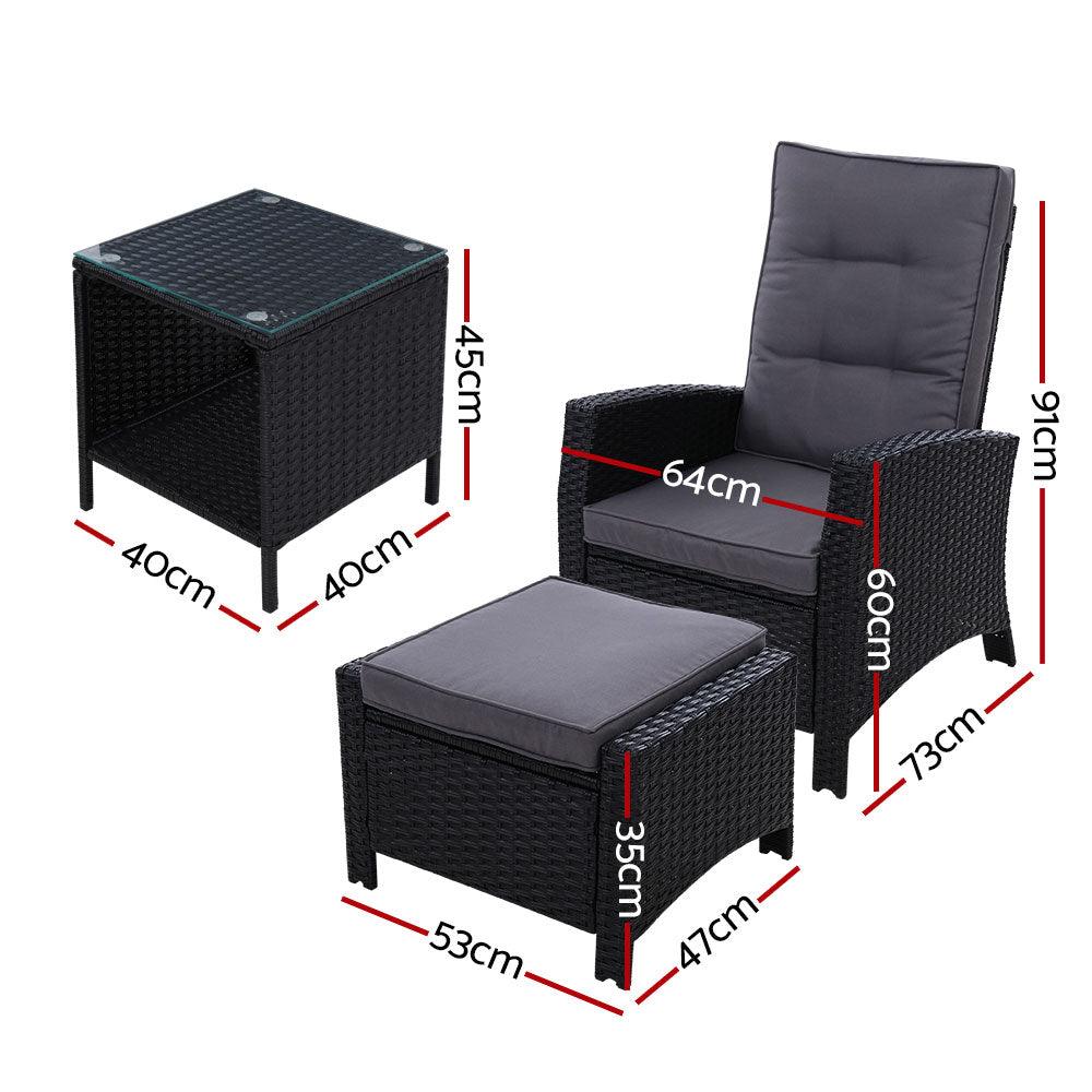 Gardeon 3PC Recliner Chairs Table Sun lounge Wicker Outdoor Furniture Adjustable Black - Ozstylz