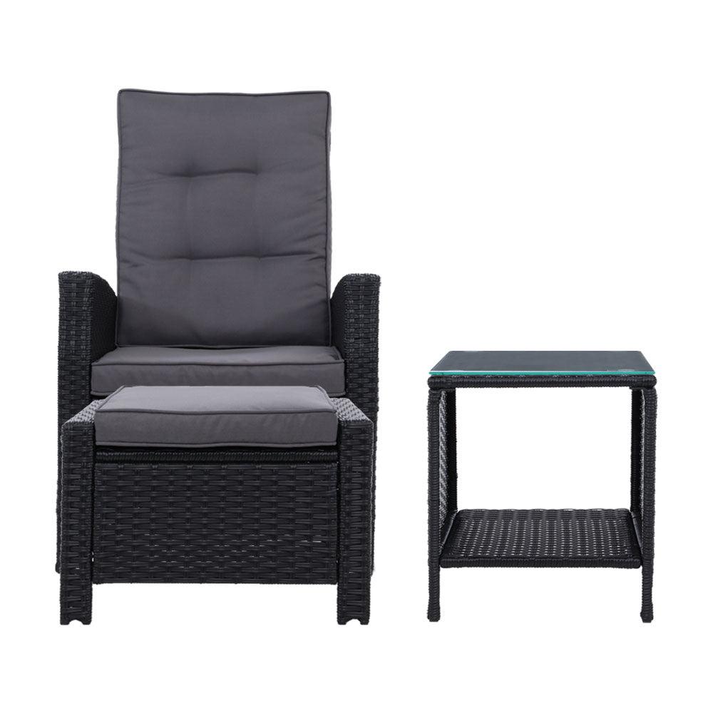 Gardeon 3PC Recliner Chairs Table Sun lounge Wicker Outdoor Furniture Adjustable Black - Ozstylz