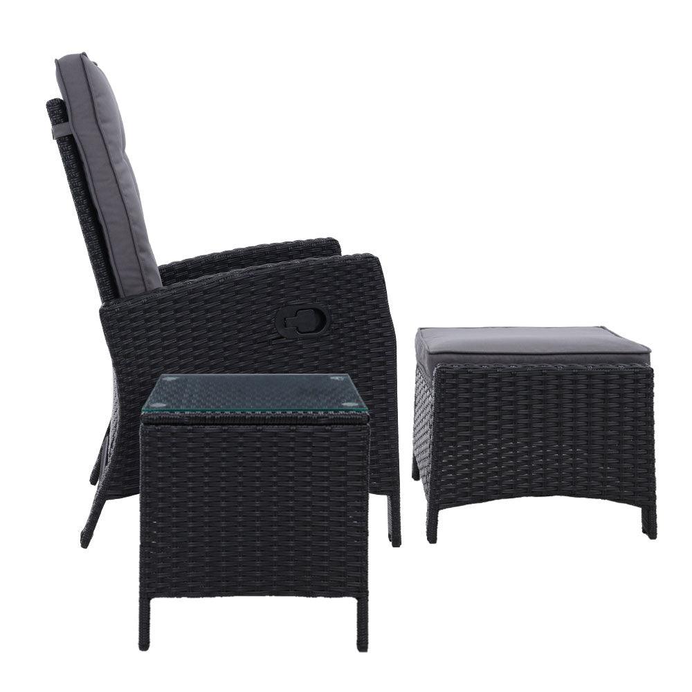 Gardeon 3PC Recliner Chairs Table Sun lounge Wicker Outdoor Furniture Adjustable Black - Ozstylz