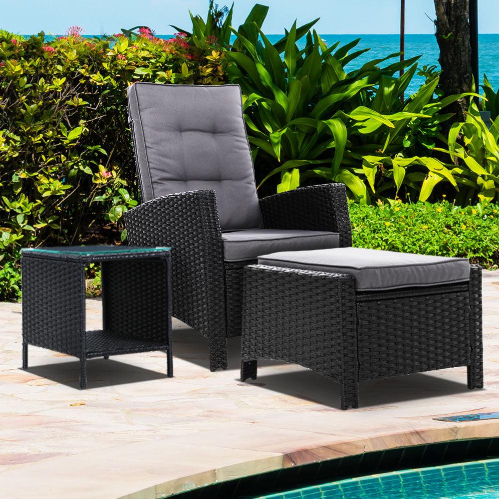 Gardeon 3PC Recliner Chairs Table Sun lounge Wicker Outdoor Furniture Adjustable Black - Ozstylz