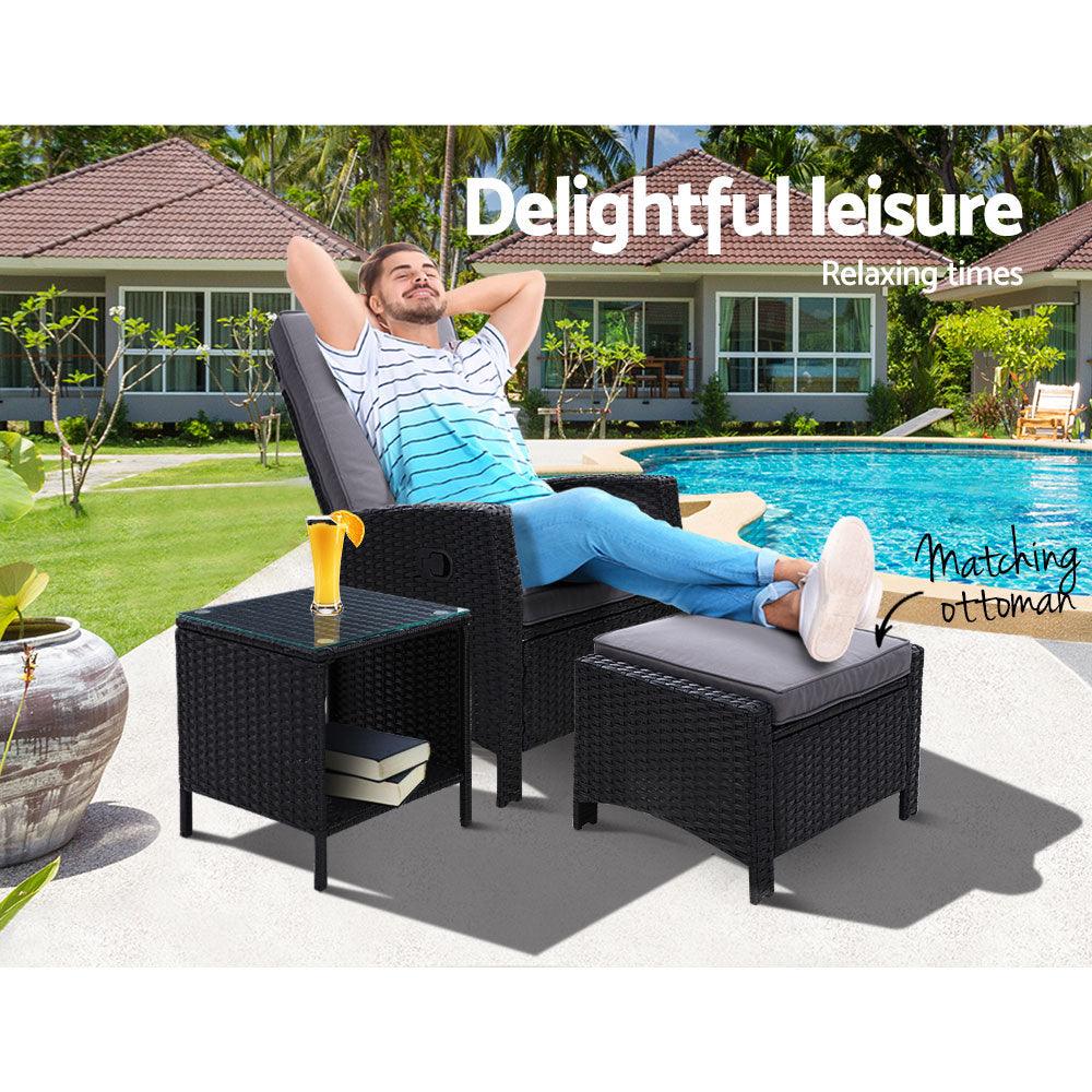 Gardeon 3PC Recliner Chairs Table Sun lounge Wicker Outdoor Furniture Adjustable Black - Ozstylz