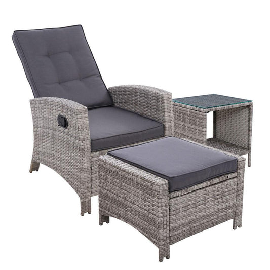 Gardeon 3PC Recliner Chairs Table Sun lounge Wicker Outdoor Furniture Adjustable Grey - Ozstylz