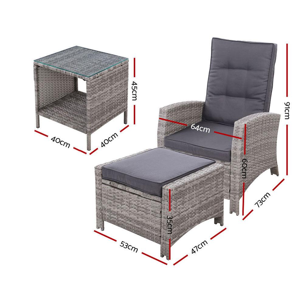 Gardeon 3PC Recliner Chairs Table Sun lounge Wicker Outdoor Furniture Adjustable Grey - Ozstylz