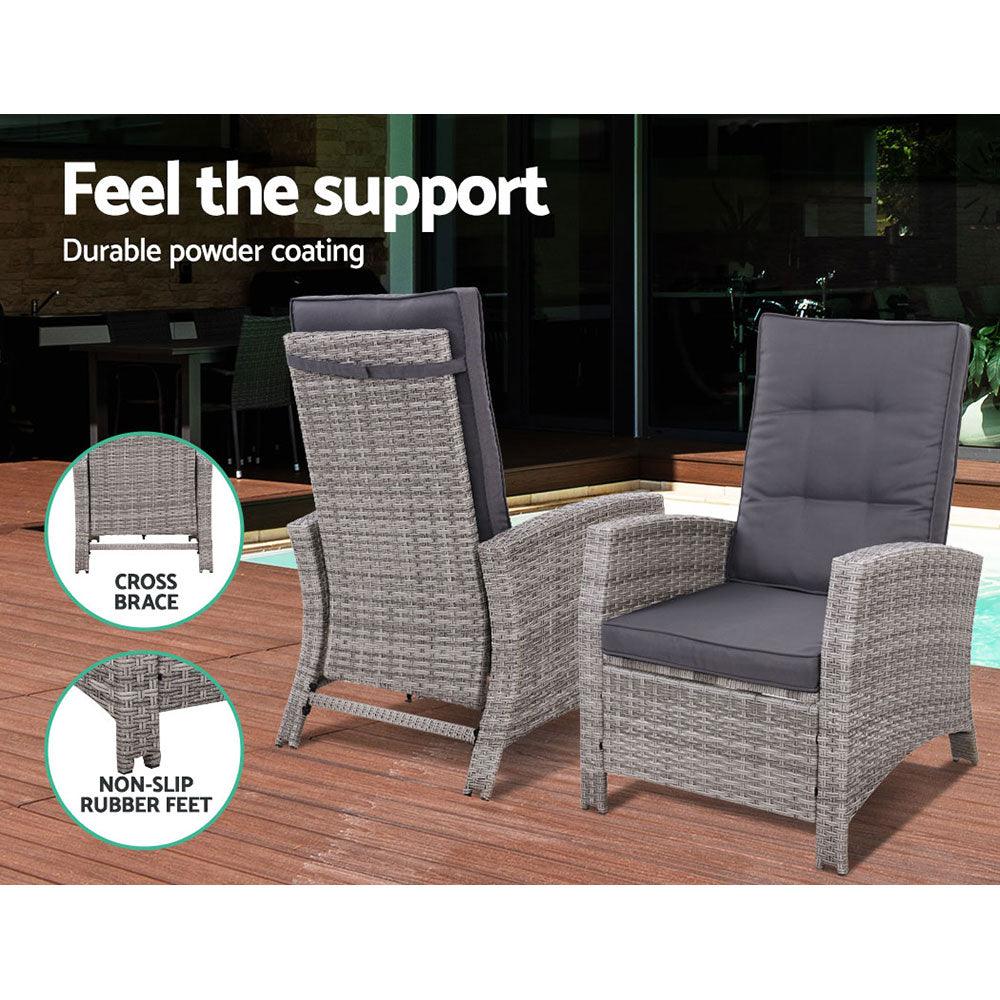 Gardeon 3PC Recliner Chairs Table Sun lounge Wicker Outdoor Furniture Adjustable Grey - Ozstylz