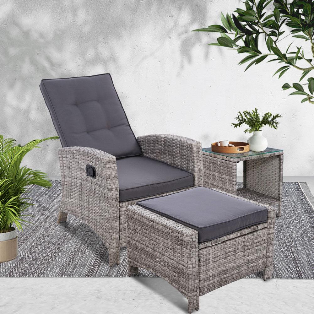 Gardeon 3PC Recliner Chairs Table Sun lounge Wicker Outdoor Furniture Adjustable Grey - Ozstylz