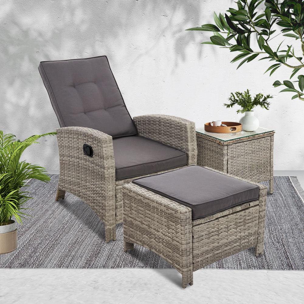 Gardeon 3PC Recliner Chairs Table Sun lounge Wicker Outdoor Furniture Adjustable Grey - Ozstylz