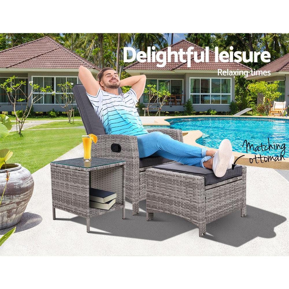 Gardeon 3PC Recliner Chairs Table Sun lounge Wicker Outdoor Furniture Adjustable Grey - Ozstylz