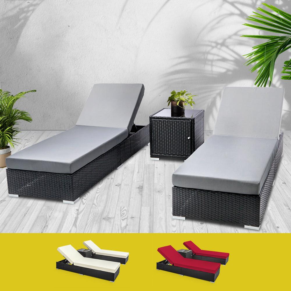 Gardeon 3PC Sun Lounge Wicker Lounger Outdoor Furniture Day Bed Rattan Garden - Ozstylz