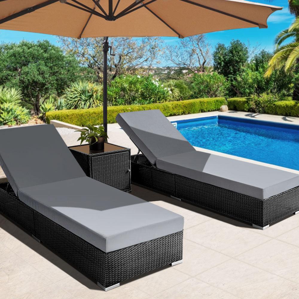 Gardeon 3PC Sun Lounge Wicker Lounger Outdoor Furniture Day Bed Rattan Garden - Ozstylz