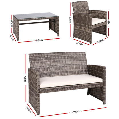 Gardeon 4 PCS Outdoor Sofa Set Rattan Chair Table Setting Garden Furniture Grey - Ozstylz