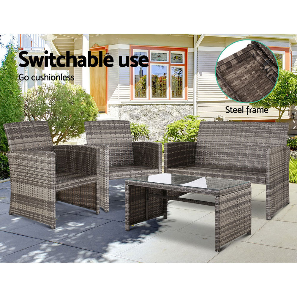 Gardeon 4 PCS Outdoor Sofa Set Rattan Chair Table Setting Garden Furniture Grey - Ozstylz