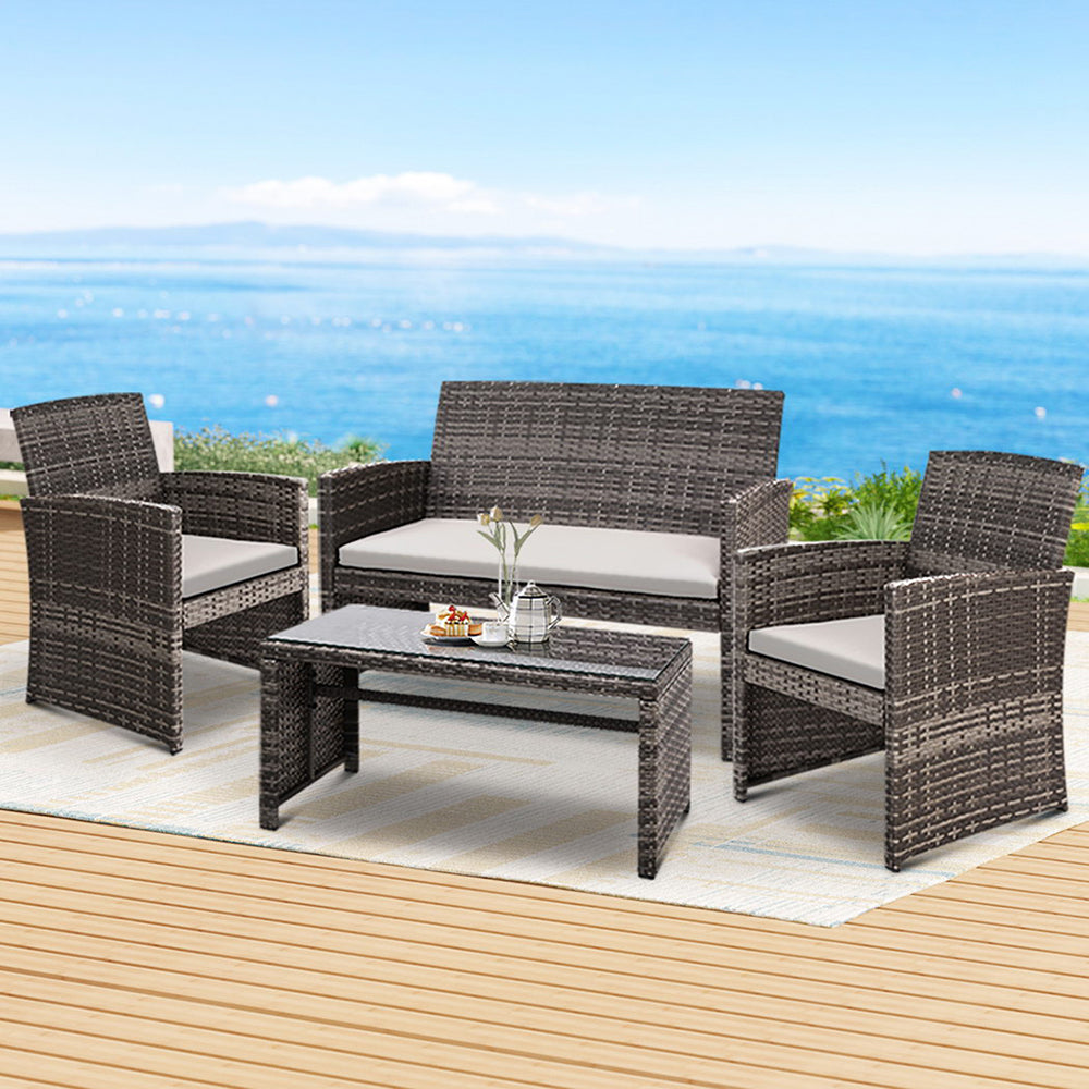 Gardeon 4 PCS Outdoor Sofa Set Rattan Chair Table Setting Garden Furniture Grey - Ozstylz