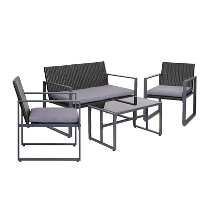 Gardeon 4 PCS Outdoor Sofa Set Rattan Furniture Glass Top Table Chairs Black - Ozstylz