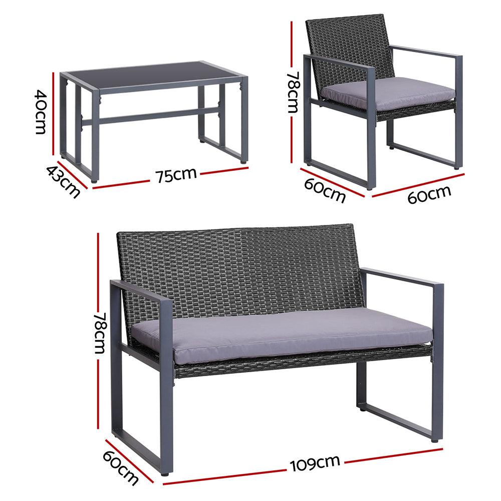 Gardeon 4 PCS Outdoor Sofa Set Rattan Furniture Glass Top Table Chairs Black - Ozstylz