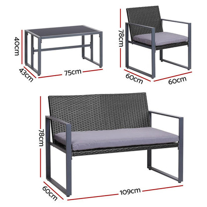 Gardeon 4 PCS Outdoor Sofa Set Rattan Furniture Glass Top Table Chairs Black - Ozstylz