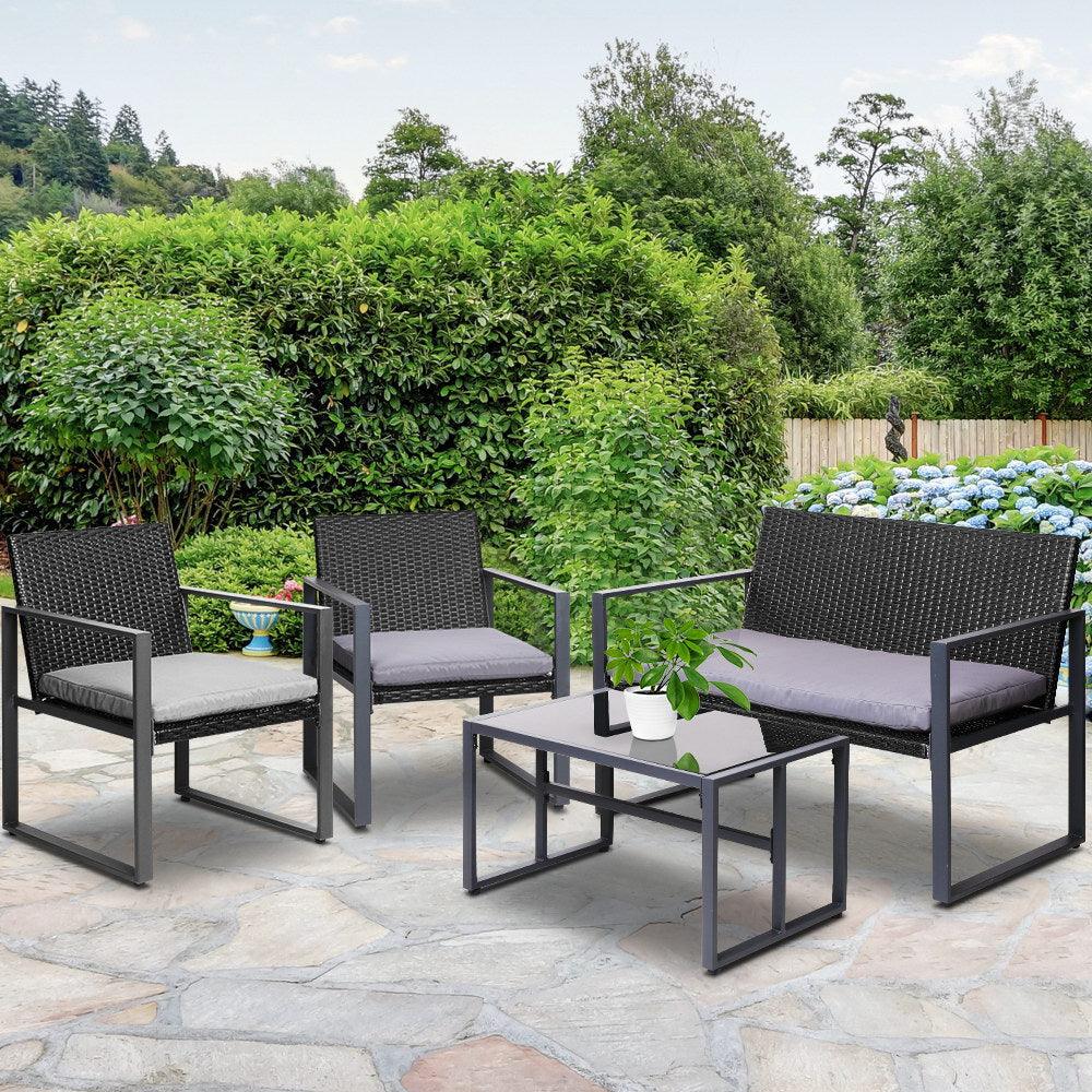 Gardeon 4 PCS Outdoor Sofa Set Rattan Furniture Glass Top Table Chairs Black - Ozstylz