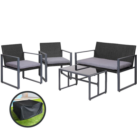 Gardeon 4 PCS Outdoor Sofa Set Rattan Furniture with Storage Cover Chairs Black - Ozstylz