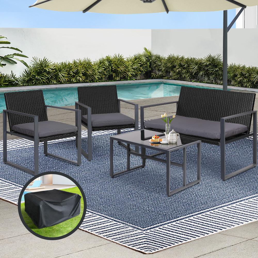 Gardeon 4 PCS Outdoor Sofa Set Rattan Furniture with Storage Cover Chairs Black - Ozstylz