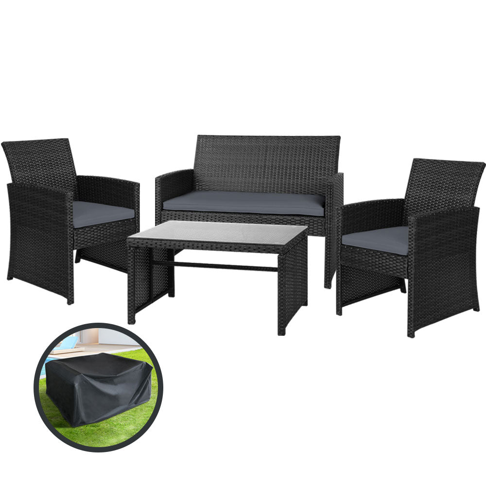 Gardeon 4 PCS Outdoor Sofa Set with Storage Cover Rattan Chair Furniture Black - Ozstylz