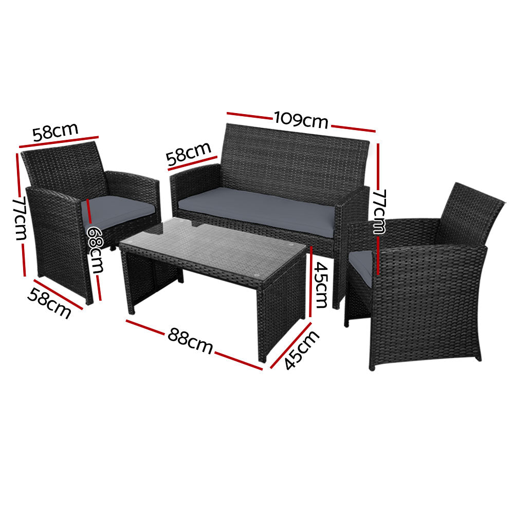 Gardeon 4 PCS Outdoor Sofa Set with Storage Cover Rattan Chair Furniture Black - Ozstylz