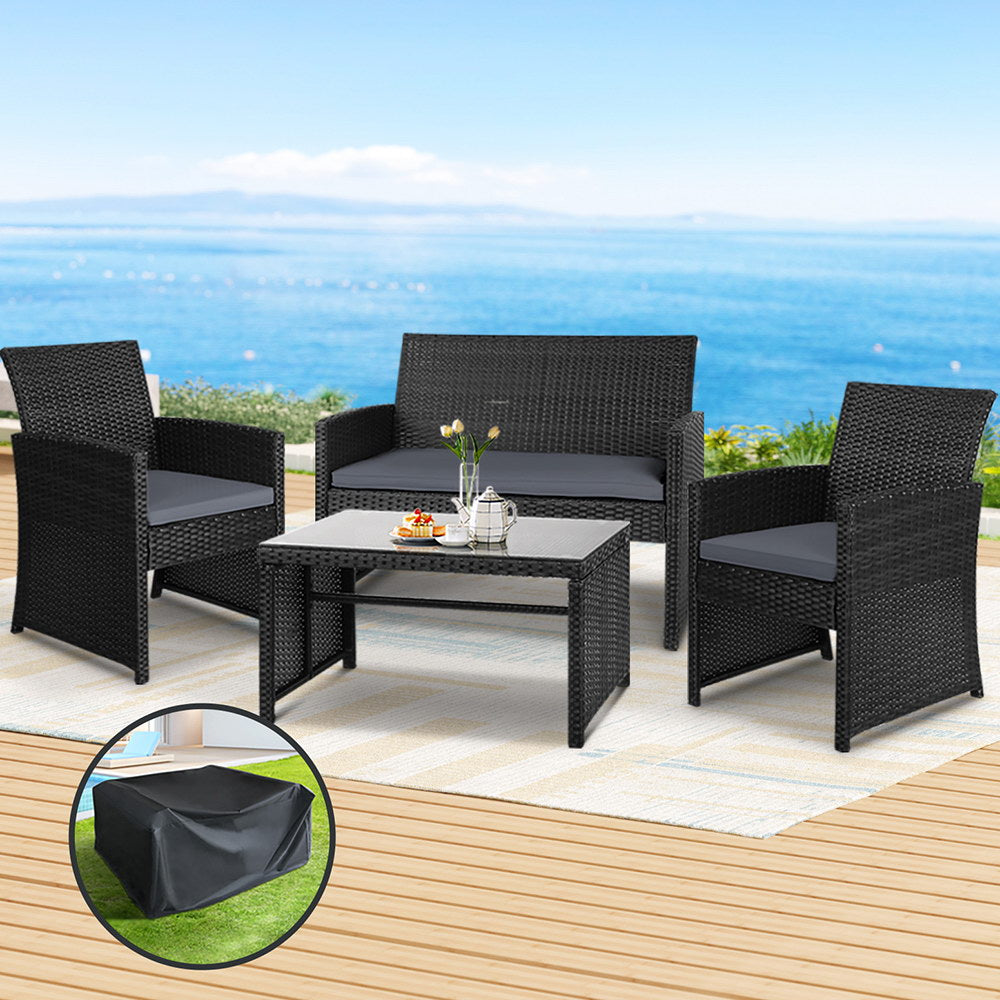 Gardeon 4 PCS Outdoor Sofa Set with Storage Cover Rattan Chair Furniture Black - Ozstylz