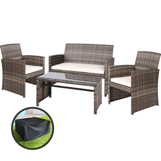 Gardeon 4 PCS Outdoor Sofa Set with Storage Cover Rattan Chair Furniture Grey - Ozstylz